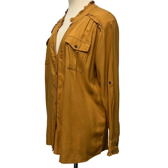 LARGE Sundance Gold Long Sleeve VNeck Ruffled Shirt Blouse - Picture 4 of 12